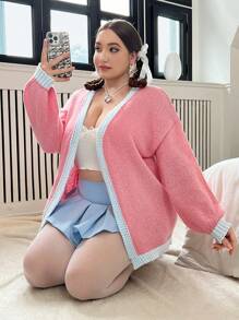 Flirla Plus Contrast Trim Drop Shoulder Duster Cardigan - Pink - View 6