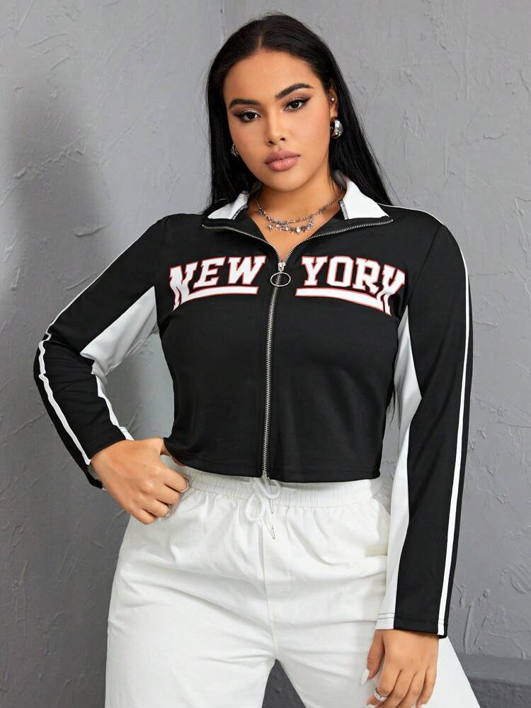 Plus Letter Graphic Contrast Side Seam Zip Up Jacket