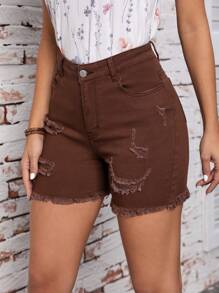 SHEIN Essnce Rách Raw Hem Rách Quần short Denim - Rỉ Nâu - Xem 2