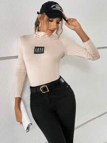 SHEIN Essnce Letter Graphic Mock Neck Tee - Apricot - View 4