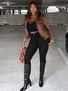 Slaydiva Zip Up PU Leather Vest Padded Coat - Brown - View 6