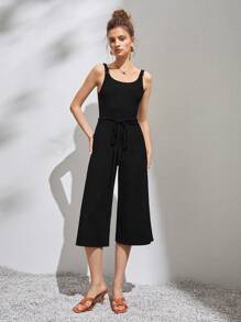 Open Back Tie Waist Capri Jumpsuit - Black - View 1