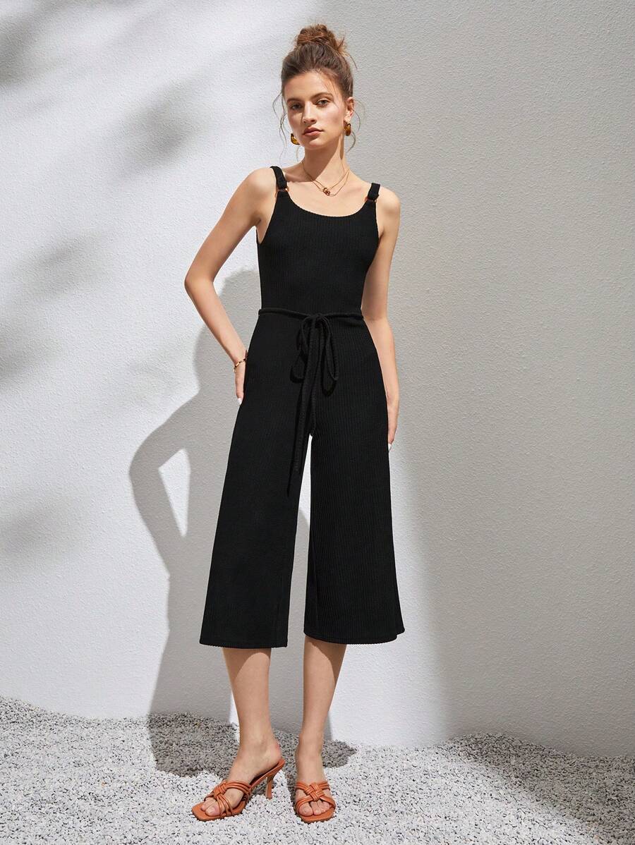 Open Back Tie Waist Capri Jumpsuit - Black - View 1