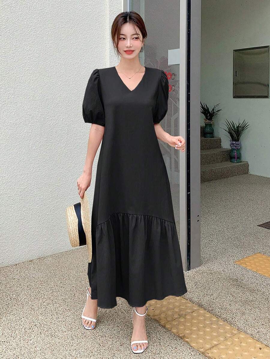 DAZY 纯色泡泡袖荷叶边下摆连衣裙太阳裙 - 黑色 - 查看 1