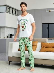 Men Cartoon & Letter Graphic PJ Set / Pajama Set