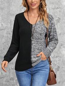 EMERY ROSE 雙色落肩袖套頭毛衣 - 彩色 - 查看 6