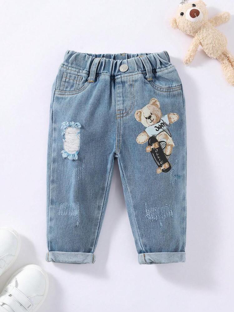 Baby Boy Street Casual Skateboarding Niedźwiedź Nadruk z elastycznym pasem i luźnymi dżinsami - Jasny jeans - Zobacz 1