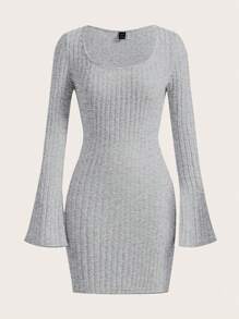 SHEIN EZwear Scoop Neck Flounce Sleeve Bodycon Dress - Light Grey - View 1