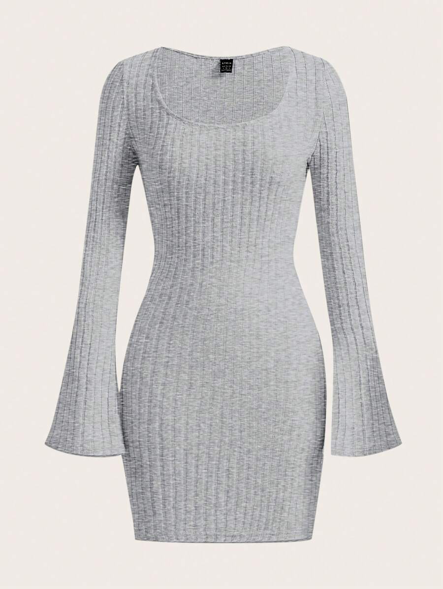 SHEIN EZwear Scoop Neck Flounce Sleeve Bodycon Dress - Light Grey - View 1