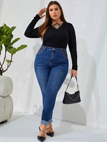 SHEIN Privé Plus Roll Up Hem Skinny Jeans - Dark Wash - View 6