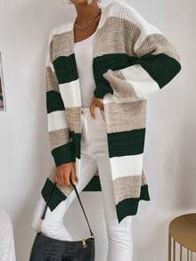 SHEIN Essnce Cárdigan largo de color combinado con parte delantera abierta de manga murciélago - Verde - Ver 7