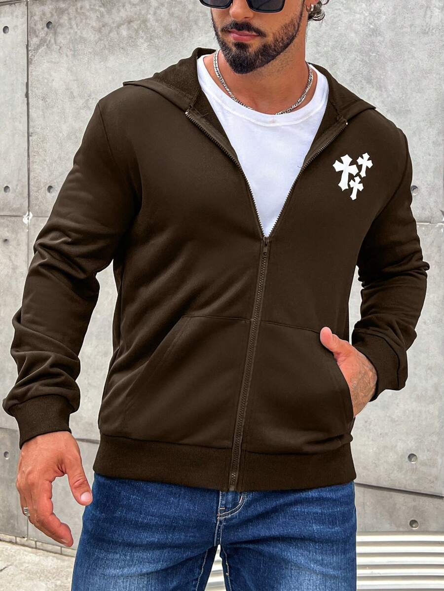 Manfinity Homme Men's Cross Print Zip-up Hoodie - Brown - View 1