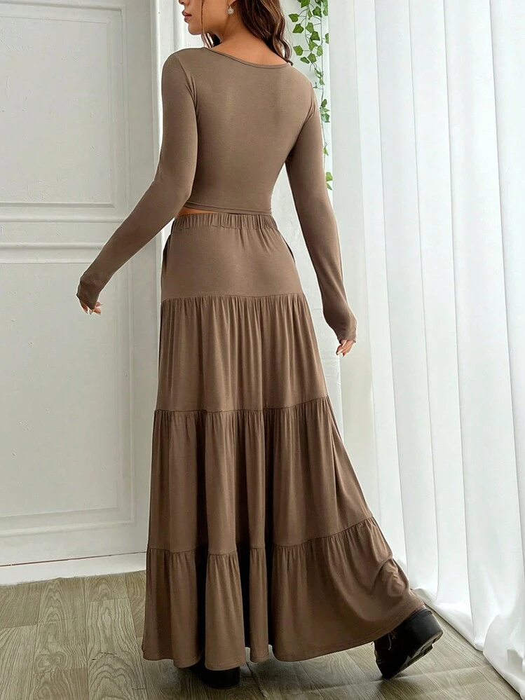 SHEIN EZwear אאוטפיט שני חלקים לנשים - חום - ראה 2