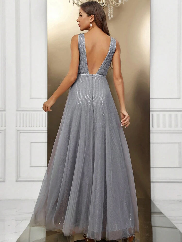 Plunging Neck Sequin Formal Dress