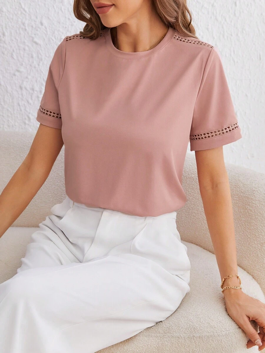 SHEIN Frenchy Solid Hollow Out Detail Tee - Pink - View 1