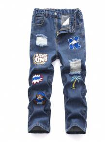 男大童卡通字母圖案破洞牛仔褲 - 深色水洗藍 - 查看 1