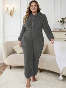 大碼3D耳朵設計連帽拉鍊法蘭絨連體睡衣 - 深灰色 - 查看 5