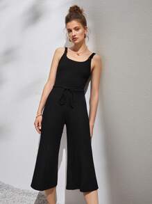 Open Back Tie Waist Capri Jumpsuit - Black - View 5