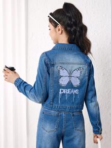 青少年女孩蝴蝶和字母圖案翻蓋口袋牛仔夾克 - 深色水洗藍 - 查看 4