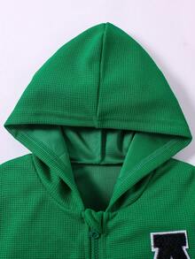 SHEIN 女小童字母貼布連帽夾克&下擺開叉喇叭褲 - 綠色 - 查看 4