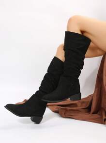 女士时尚一脚蹬褶皱过膝靴一脚蹬设计，舒适透气粗跟优雅百搭及膝靴，适合秋冬季 - 黑色 - 查看 5