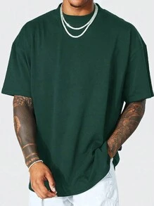 Men Solid Drop Shoulder Lounge Tee - Dark Green - View 1