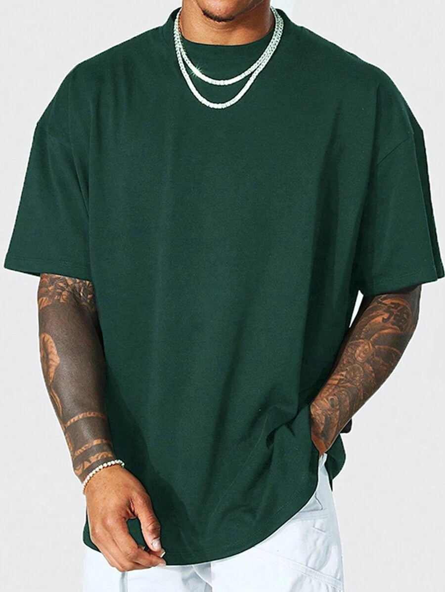 Men Solid Drop Shoulder Lounge Tee - Dark Green - View 1