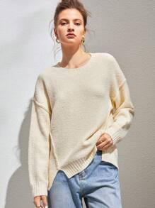 Anewsta 落肩开衩下摆针织套头衫秋冬毛衣 - 杏色 - 查看 1