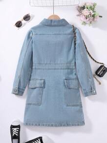 Tween Girl Flap Detail Button Front Denim Dress - Light Wash - View 2