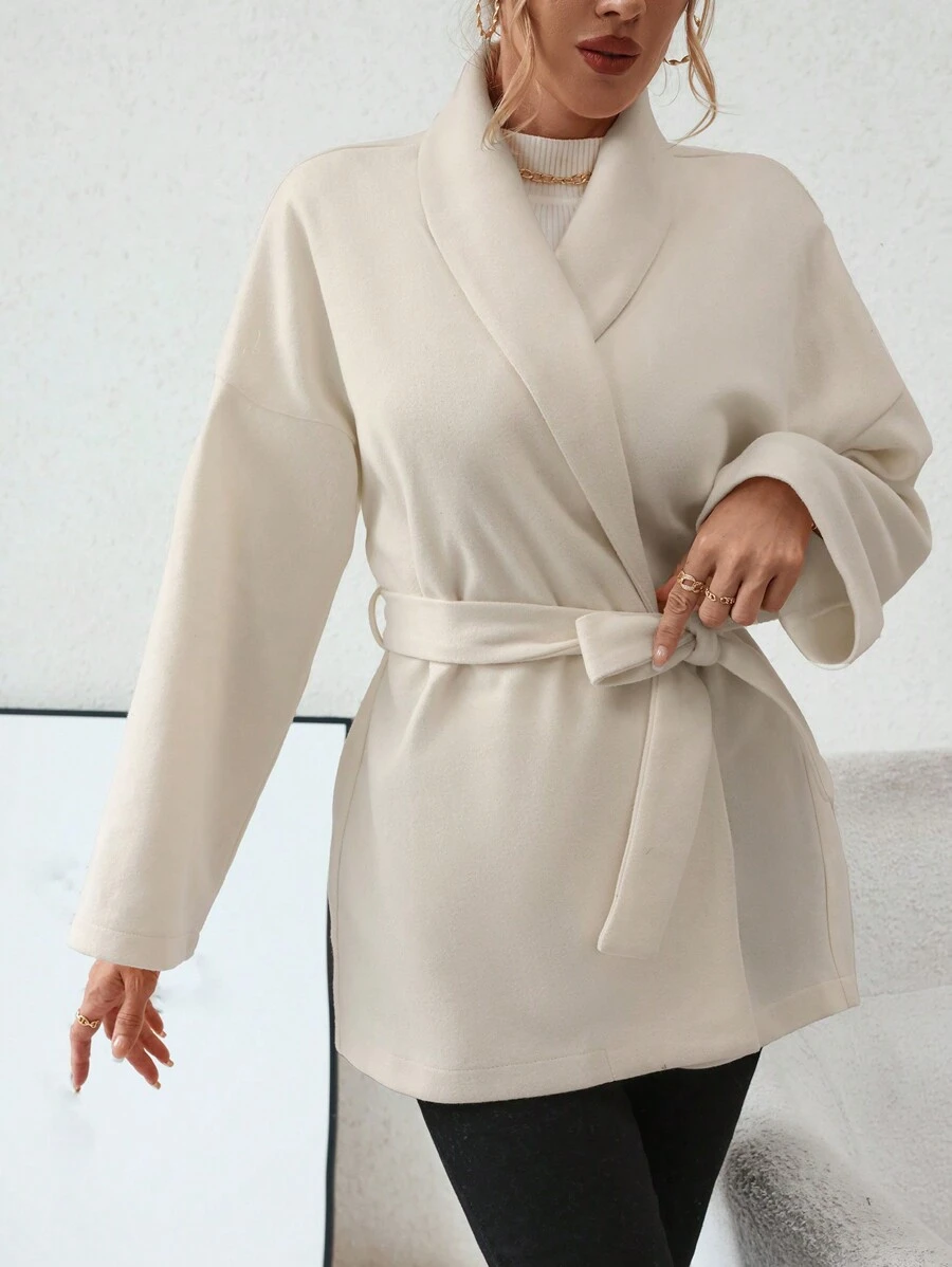 Chiquease Shawl Collar Drop Shoulder Belted Overcoat - Beige - View 1