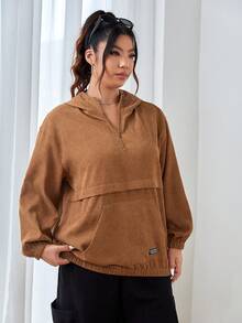 SHEIN EZwear Hơn Chi tiết Patched thư Túi kangaroo Thả vai áo có mũ Áo khoác - Màu Khaki - Xem 5
