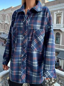 EURMUSE Plaid Print Drop Shoulder Coat - Navy Blue - View 1