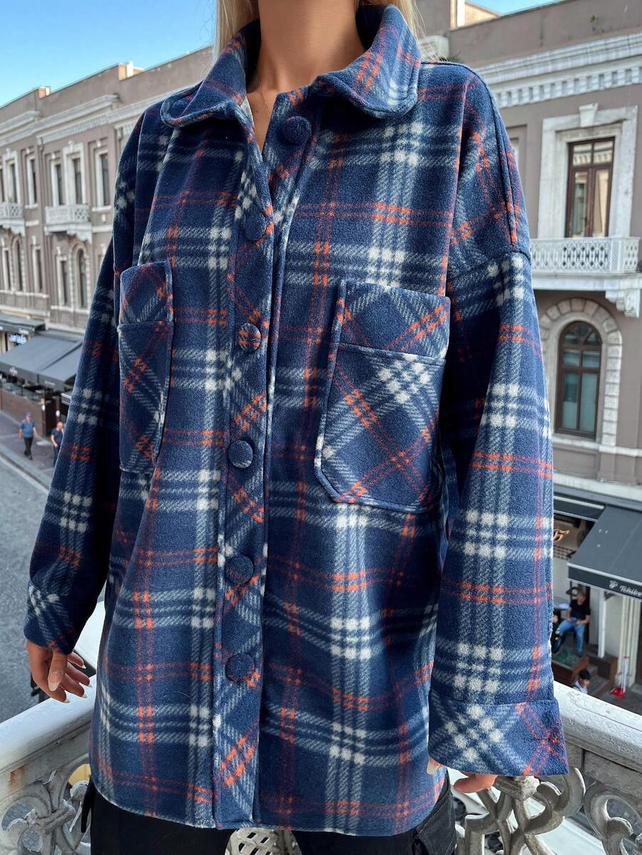 EURMUSE Plaid Print Drop Shoulder Coat - Navy Blue - View 1