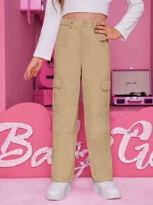 SHEIN Pantalones de carga holgados con bolsillo de solapa lateral de unicolor para niña preadolescente - Caqui - Ver 5