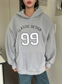 DAZY 字母圖案落肩袖連帽衫 - 灰色 - 查看 5