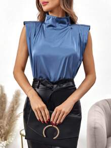 SHEIN Clasi Mock Neck Shoulder Pad Satin Top - Blue - View 2