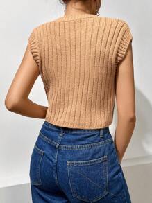 SHEIN Unity Áo len crop top không có nút phía trước - Màu Khaki - Xem 2