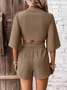 SHEIN VCAY Knot Front Flounce Sleeve Crop Top & Paperbag Waist Shorts - Khaki - View 2