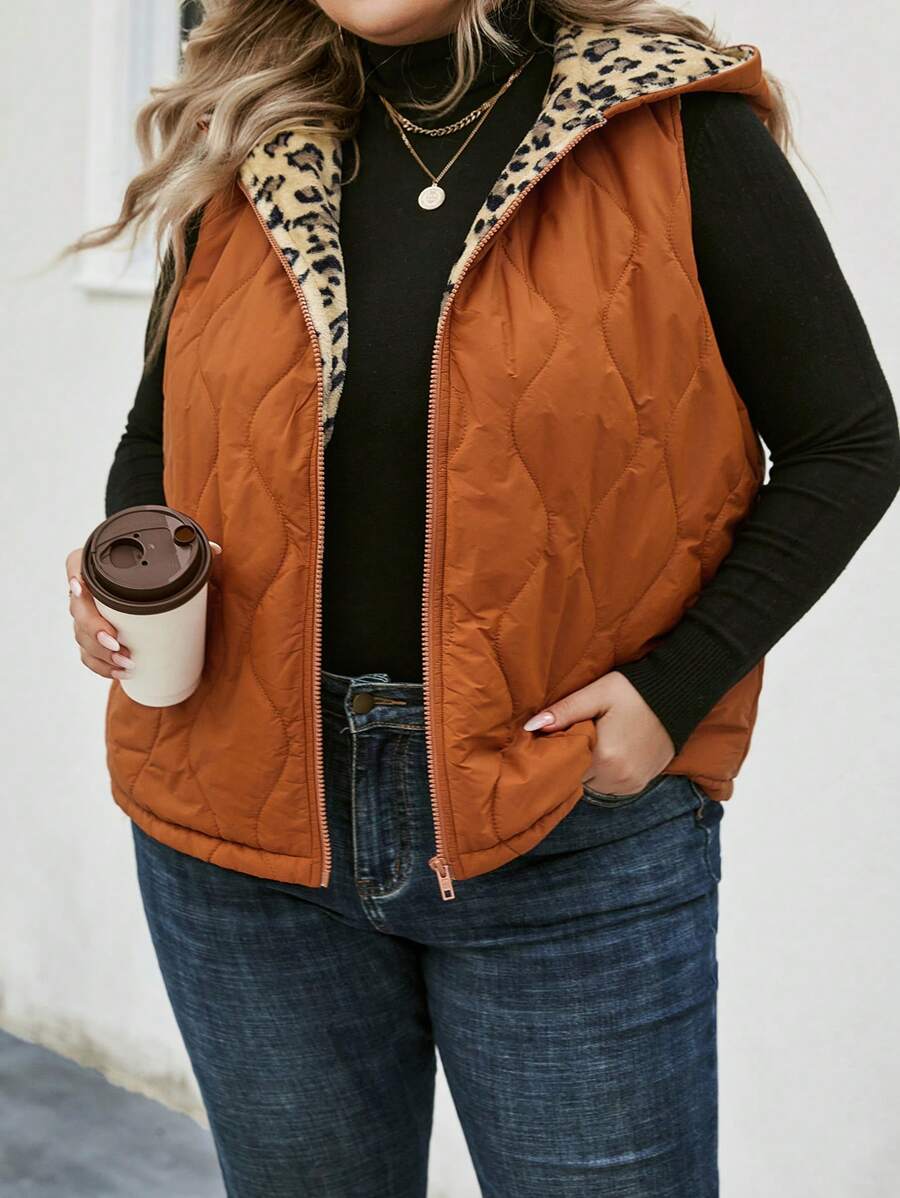 SHEIN LUNE 加豹紋拉鍊連帽背心絎縫外套 - 珊瑚橙 - 查看 1