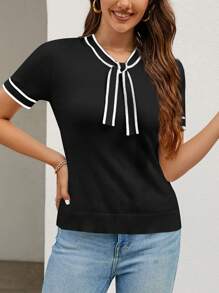 SHEIN Clasi Contrast Binding Tie Neck Knit Top - Black - View 5