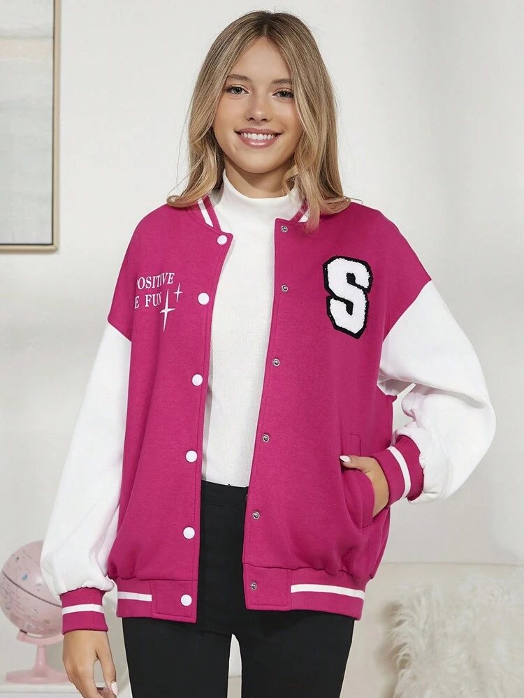 Teen Girl Letter Patched Drop Shoulder Two Tone Varsity Jacket
