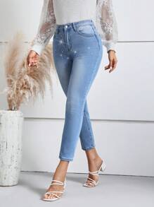 SHEIN LUNE 水鑽細節緊身九分牛仔褲 - 淺色水洗藍 - 查看 3