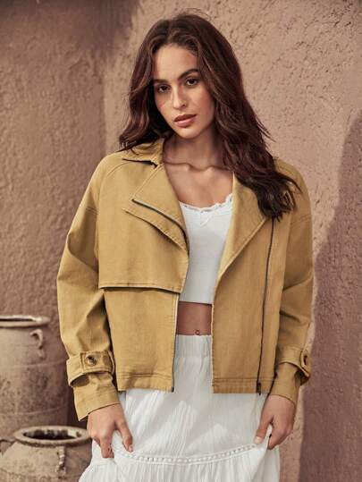 Bohemela Lapel Neck Zip Up Moto Trench Coat