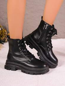 Botas con cordones y cinta con cremallera lateral para mujer, botas de moda negras punk - Negro - Ver 6