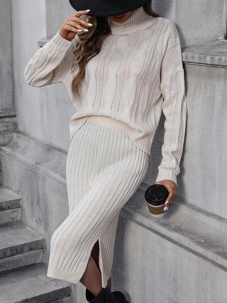 Turtleneck Drop Shoulder Sweater & Split Hem Knit Skirt Fall Cloth For Women