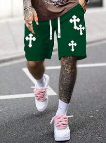 Manfinity LEGND Men's Casual Cross Printed Shorts With Drawstring Waist, Summer - Dark Green - View 4