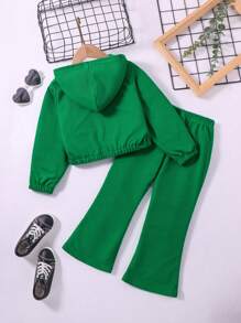 SHEIN 女小童字母貼布連帽夾克&下擺開叉喇叭褲 - 綠色 - 查看 2