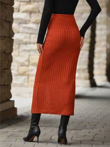 SHEIN Clasi Button Detail Split Thigh Ribbed Knit Skirt - Rust Brown - View 2