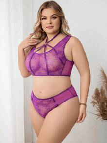Talla grande Set de lencería con encaje floral - Morado - Ver 5
