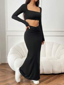 SHEIN EZwear Spring ClothesSquare Neck Crop Tee & Ruched Skirt - Black - View 5